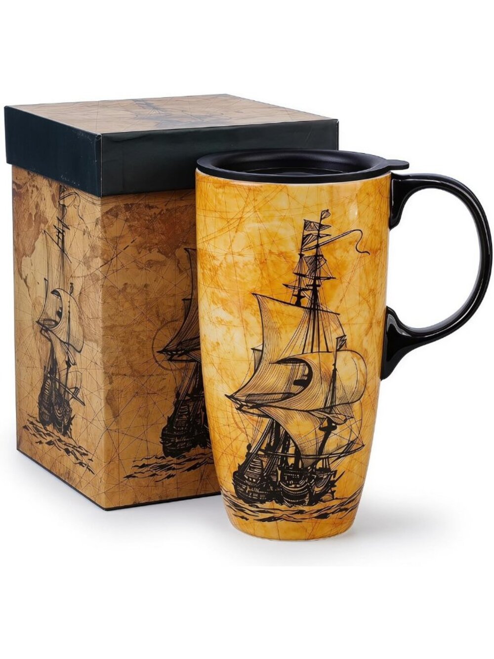 Vintage Nautical Ceramic Travel Mug 17oz | Antique Sailing Ship Design